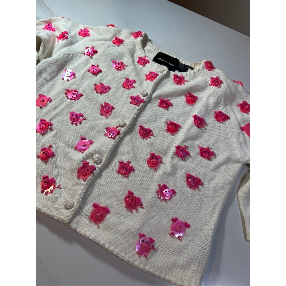 Michael Simon Vintage Pink Sequin Pig Cardigan Sweater Cream Womens Medium